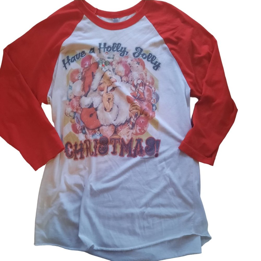 Have A Holly Jolly Christmas Santa Raglan Tee White Red